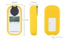 Přední, boční a zadní pohled na žlutý digitální refraktometr s vyznačenými rozměry 58, 25 a 121 mm.