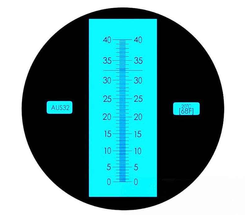 Optická stupnice 0–40 s nápisy AUS32 a 20 °C (68 °F).