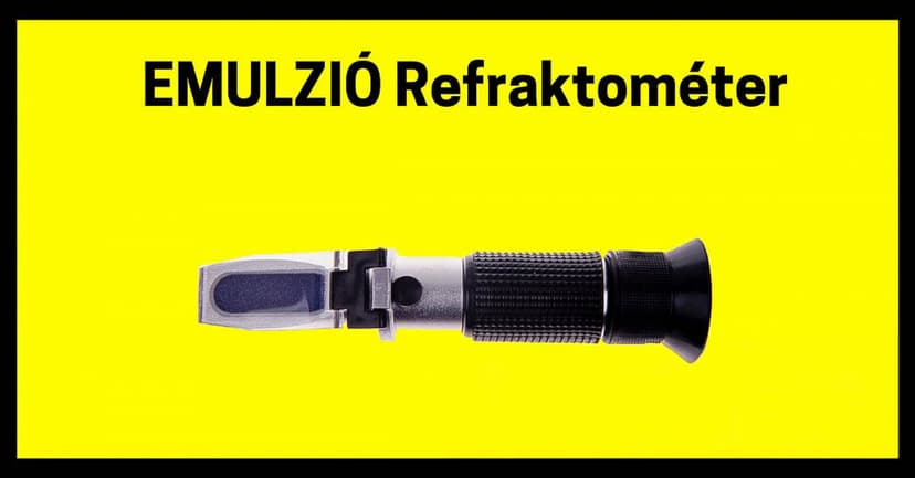 Černý ruční refraktometr na žlutém pozadí s maďarským nápisem „EMULZIÓ Refraktométer”.
