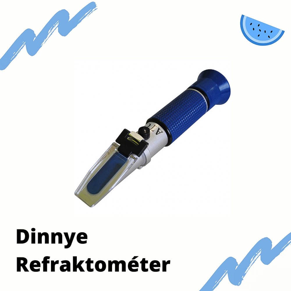 Modrý ruční refraktometr s maďarským nápisem „Dinnye Refraktométer”.