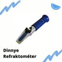 Modrý ruční refraktometr s maďarským nápisem „Dinnye Refraktométer”.