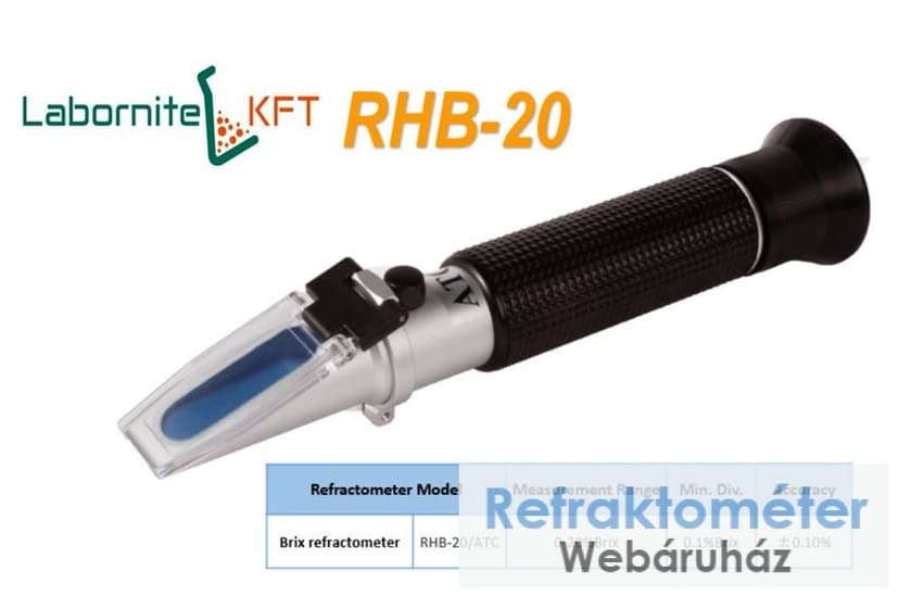 Černý ruční refraktometr s nápisy LABORNITE KFT a RHB-20.