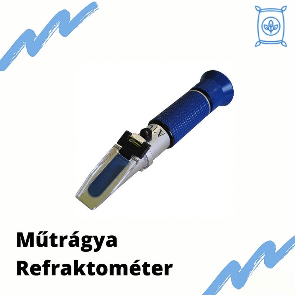 Modrý ruční refraktometr s maďarským nápisem „Műtrágya Refraktométer”.