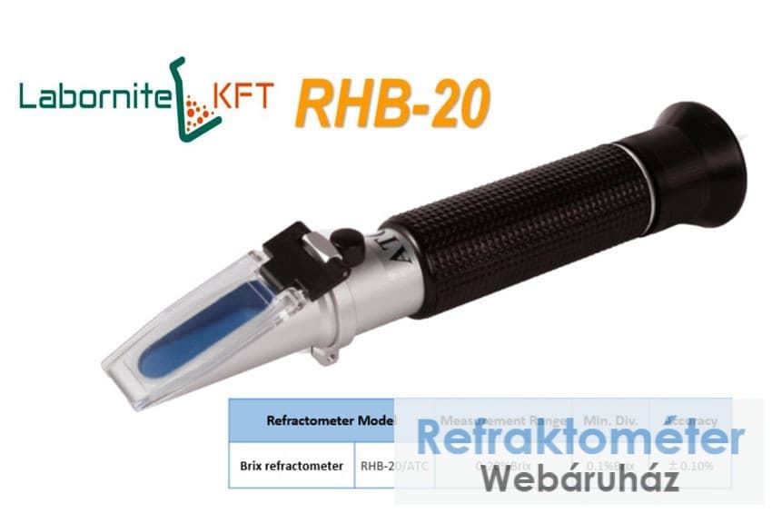 Černý ruční refraktometr s nápisy LABORNITE KFT a RHB-20.